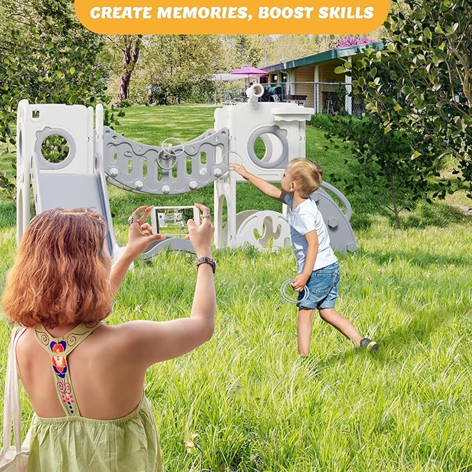 KORIMEFA 10 in 1 Toddler Slide Set, Kids Slide for Toddlers, Outdoor Indoor Playground for Toddlers 1-3, Toddler PlaySet with Basketball Hoop and Ball Golf Set, Climbing Arch(Grey)