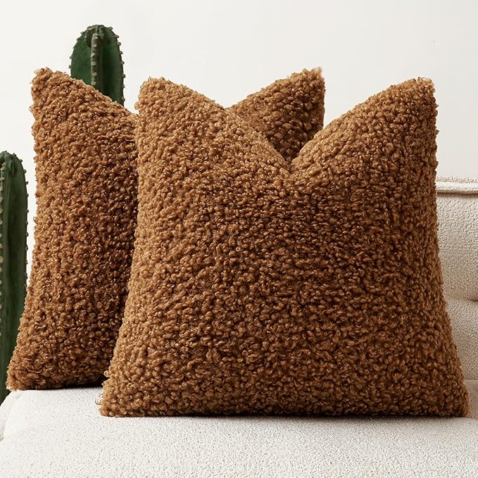 Faux Fur Throw Pillow Covers 18x18 Inch Set of 2 Boucle Neutral Decorative by Woaboy