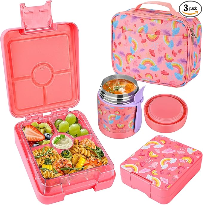 Bento Lunch Box Set With 10oz Soup Thermo, Leak-proof Lunch Containers with 4 Compartment, Kids Hot Thermo Food Jar/Insulation Lunch Bag, Food Containers for School（Rainbow）