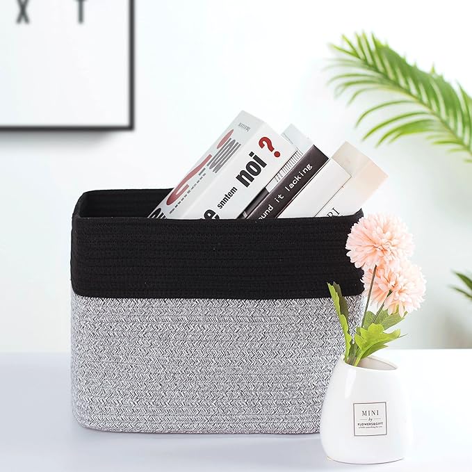 MINTWOOD Design 3-Pack Storage Baskets for Shelves, Playroom Classroom Storage Basket, Book Basket, Decorative Storage Cube Bins, Woven Closet Organizers, Pantry and Shoe Organizer, Black Light Grey