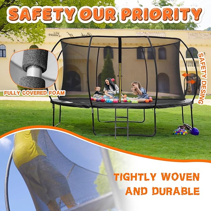 Trampoline 8FT 10FT 12FT 14FT 16FT, Recreational Trampolines with Enclosure Net and Ladder, Outdoor Anti-Rust Trampolines for Kids and Adults, ASTM Approved