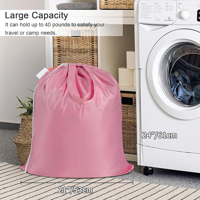 Polecasa Small Heavy Duty Laundry Bag with 130gsm Tear Resistant Fabric and Handles, Easy to Carry Durable Dirty Clothes Drawstring Bag, Perfect for College Dorm, Travel 21”x24”, Pink