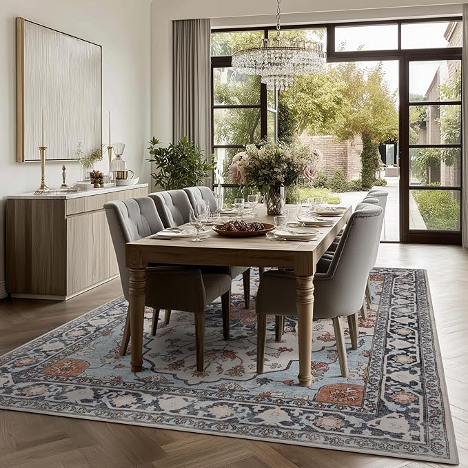9x12 Area Rug Living Room Rugs, Stain Resistant Washable Rug, Vintage Large Non-Slip Backing, Low Pile Lightweight Print Rug for Bedroom Dinning Room Home Office (Blue/Gray)