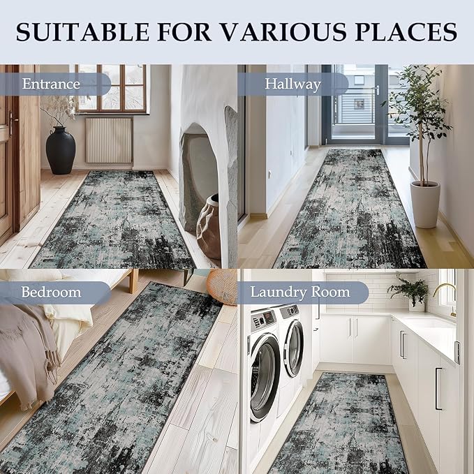 Washable Area Rugs 2'x6' Non-Slip Modern Abstract Soft for Living Room Entryway Bedroom Nursery, Print Pattern, Blue Black Teal