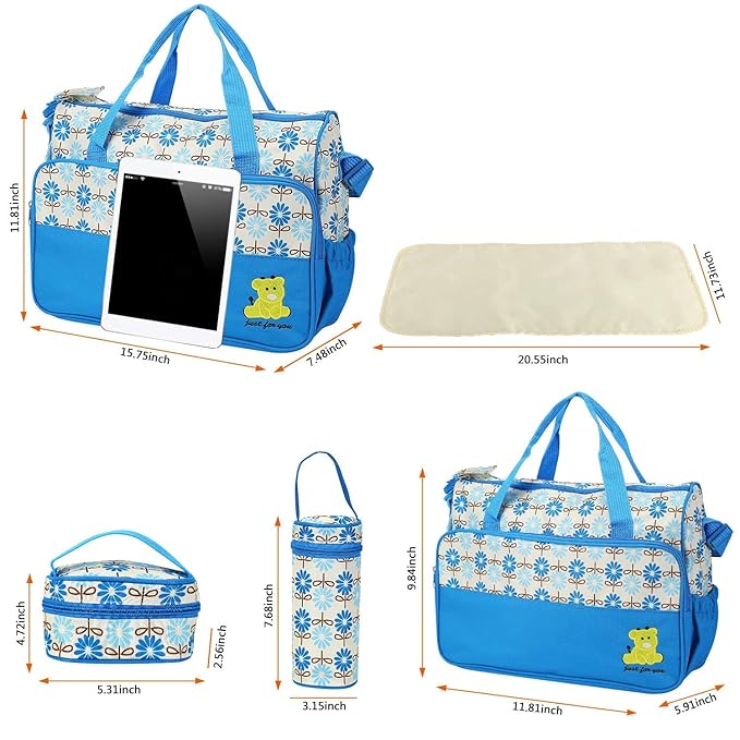 Moclever Diaper Bag Tote Set, 5PCS Baby Bags for Mom and Dad – Large Maternity Travel Bag with Insulated Bottle Holder, Food Bag & Portable Changing Pad, Waterproof Baby Essentials Organizer (Blue)