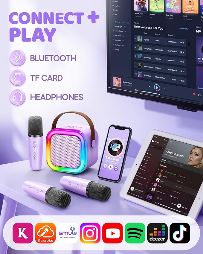 IROO Mini Karaoke Machine for Kids, 2025 TOP Toys Birthday Gifts Ideas for Girls Ages 4, 5, 6, 7, 8, 9, 10, 12+ Years Old, Portable MP3 Player with 3 Wireless Mics for Party