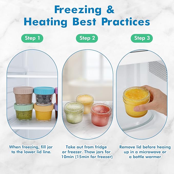 WILLDAN Glass Baby Food Storage Jars w/Lids (4 oz, 12 Pack Set) Snack, Puree, Reusable Small Containers, Breast Milk, Fridge or Freezer, Microwave & Dishwasher Safe, Essential Must Have for Infants