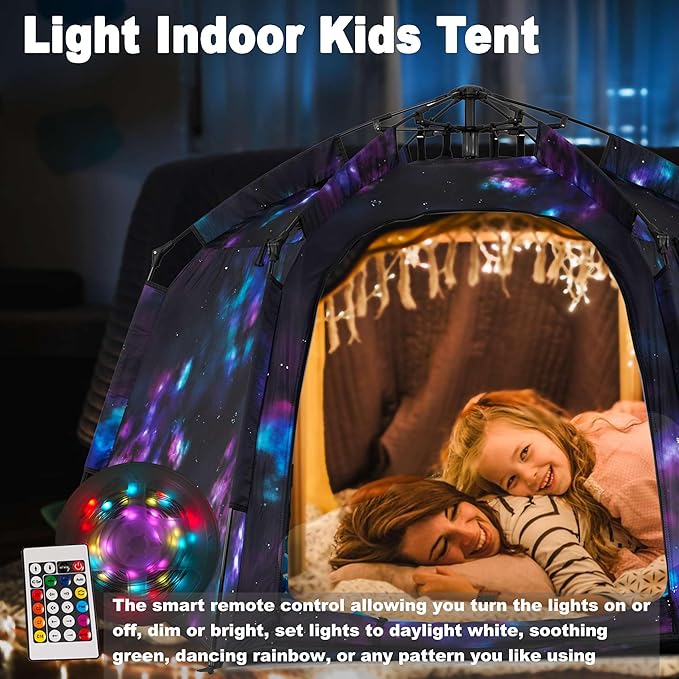 Portable Hexagon Kids Play Tent with LED Strip Lights Indoor Children Play House Easy Set-up Space Dream Tent for Night.4-5 Person Large Tents & Birthday Gifts