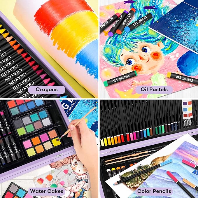 iBayam Stocking Stuffers for Kids Teens Adults, Birthday Party Art Supplies, Christmas Gifts for Teenagers, 150-Pack Wooden Art Set Crafts Drawing Painting Kit with 1 Coloring Book, 2 Sketch Pads