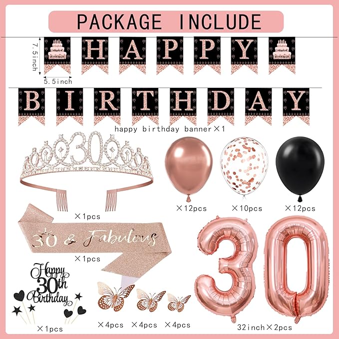 30th Birthday Decorations for Women - 56pcs Rose Gold Happy 30th Banner, 30th Birthday Crown Sash, Cake Topper, Number 30 balloons, 3D Butterflies, 4 Balloon Stands kits