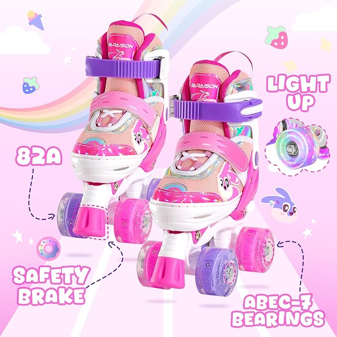 PAPAISON Adjustable Roller Skates for Girls Illuminating Wheels, Kids Toddler Rollerskates Ages 4-6 5-8 8-12