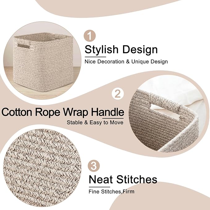 OIAHOMY Storage Cubes 11 Inch Storage Bins-3-Pack, Cotton Rope Woven Baskets for Organizing, Square Storage Baskets for Shelves Organizer, Classroom, Kids Toy Bins, Closet, Baby Nursery-Brown