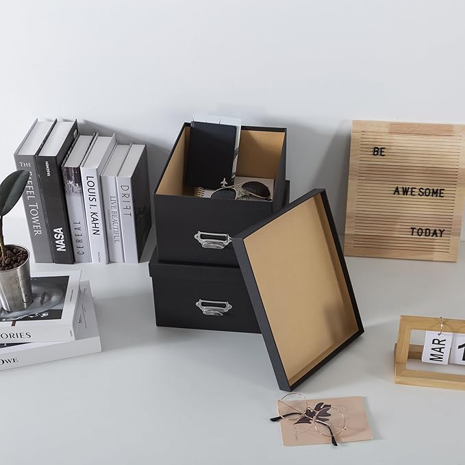 Soul & Lane Black Decorative Cardboard Storage Boxes with Lids, Set of 2 Stacking Keepsake Photo and Memory Boxes for Home & Office, Elegant Paperboard Organizers with Label Holders and Drawer Pulls