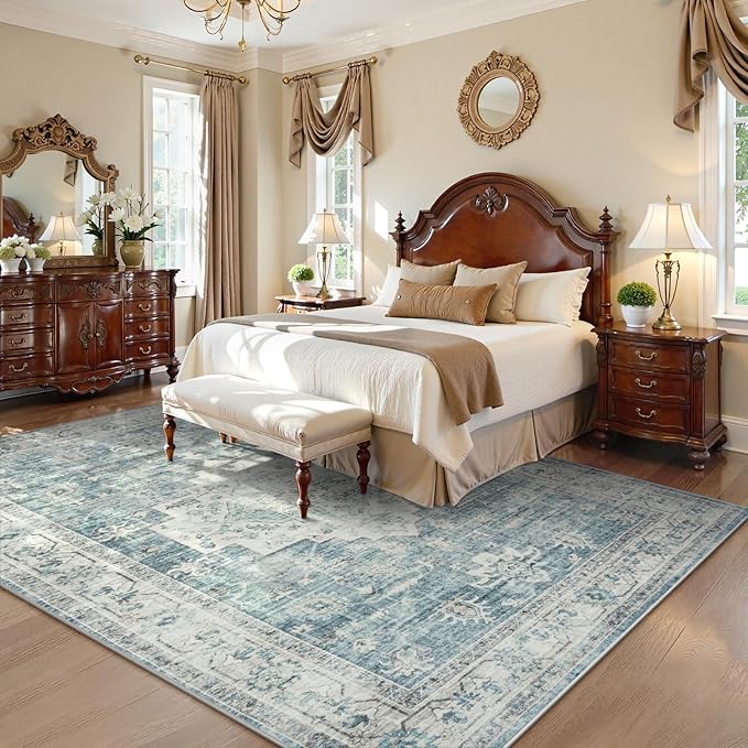 LIVEBOX Washable Area Rug 8x10 Rugs for Living Room Bedroom, Non-Slip Boho Indoor Carpet for Dining Room Office, Low-Pile Farmhouse Soft Carpets for Kids Nursery Room Playroom, Blue