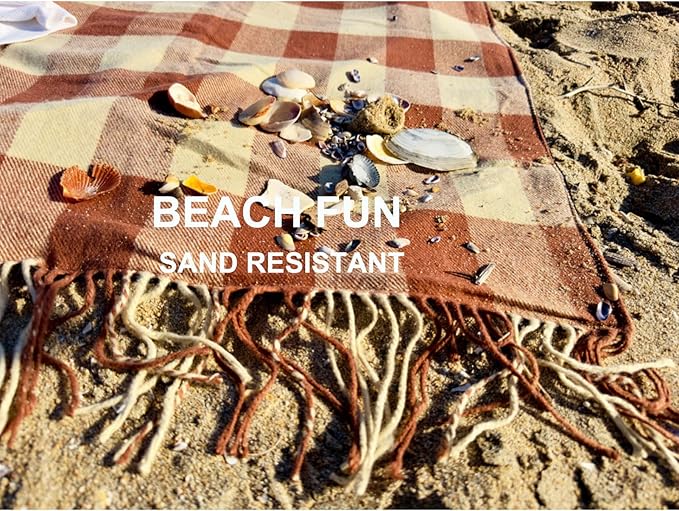 Picnic Blanket Extra Large Waterproof with Strap 59"x79" - Machine Washable Tassels Faux Wool Cashmere for Park, Grass, Camping, Hiking, Concerts (Coffee Plaid, 59"X79")