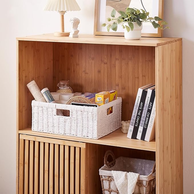 OIAHOMY Wicker Basket, Paper Shelf Basket with Built-in Handles, Rectangular Wicker Storage Bin for Pantry, Shelves, 1 Pack-White
