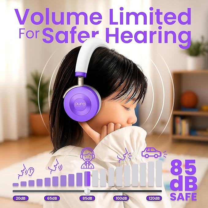 Puro Sound Labs JuniorJam Plus Volume-Limiting Wireless Bluetooth Headphones for Kids, Secure Audio with Adjustable On-Ear Design, 22-Hour Battery, Ideal for Tablets, Smartphones & PCs - Purple