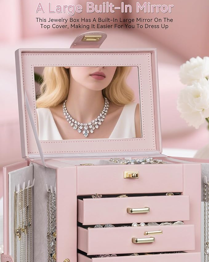 AKOZLIN 360° Rotating Jewelry Box 6-Tier Organizer Functional Jewelry Storage Case for Women Girls Ring Necklace Earring Bracelet Holder with Mirror Pink