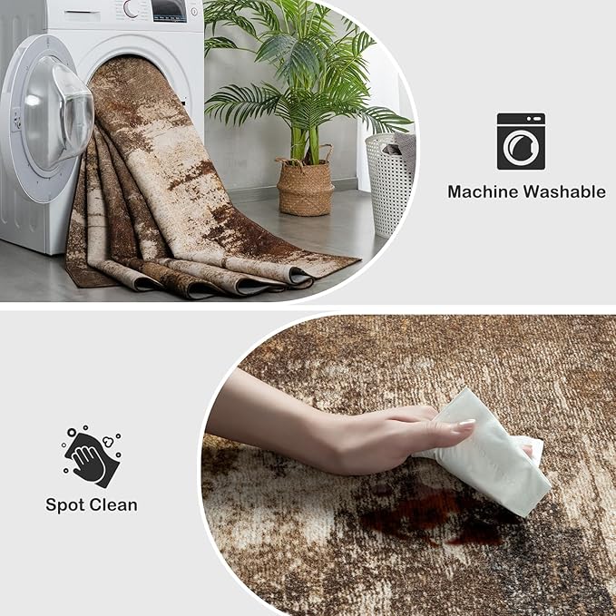 Washable Runner Rug, 2'6''x8' Kitchen Rugs Brown Long Runner Rugs with Rubber Backing, Abstract Non-Slip Carpet Runners for Hallways, Kitchen, Bedroom, Laundry, Entrance