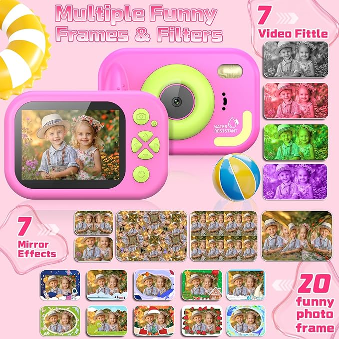 Kids Camera Waterproof, IP68 Underwater Camera for Kids Aged 3-12, HD Kids Digital Camera with 1080P Video Recording, Durable ABS Material, Pool Toys for Boys Girls with 32GB Card (Pink)