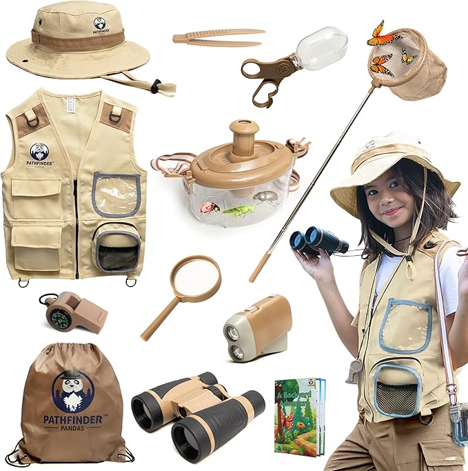 Kids Bug Catching Kit - Complete Explorer Kit with Safari Vest, Hat & More - Cute Dress-Up Safari Costume, or Zoo Keeper - Outdoor Explorer Set & Bug Toys for 7+ Year Old Boys Girls + Adventure Book