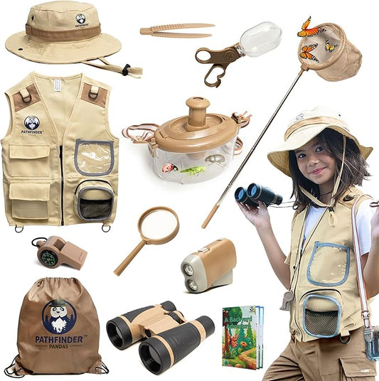 Kids Bug Catching Kit - Complete Explorer Kit with Safari Vest, Hat & More - Cute Dress-Up Safari Costume, or Zoo Keeper - Outdoor Explorer Set & Bug Toys for 7+ Year Old Boys Girls + Adventure Book