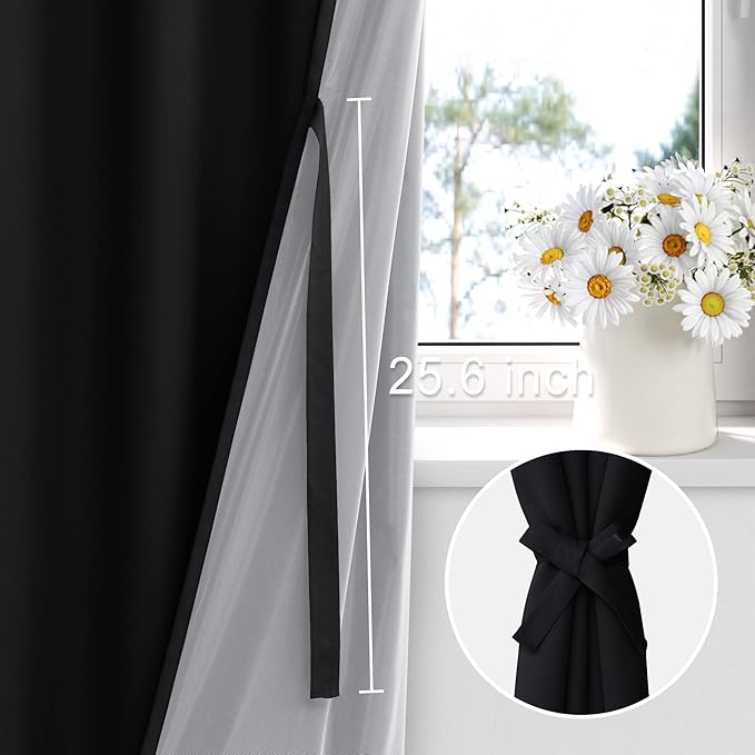 XWZO 100% Blackout Curtains - Extra Long Rod Pocket Thermal Insulated Black Liner Curtains, Noise Reducing and Heat Blocking Drapes for Bedroom with Tiebacks, Black, W52 x L108, Set of 2