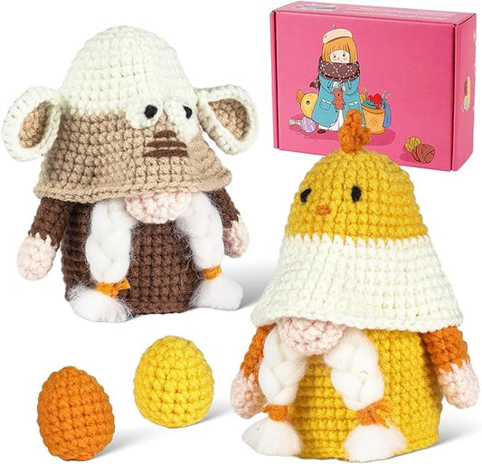 RoseFlower Crochet Kit for Beginners, Crochets Starter Kits with Step-by-Step Video Tutorials, DIY Craft Knitting Crochet Animals Set for Kids Adult - 2 Pack Chicken Sheep