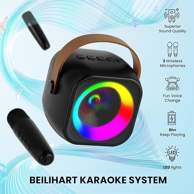 Mini Karaoke Machine, Portable Bluetooth Karaoke Speaker with 2 Wireless Microphones and Party Lights for Kids and Adults, Birthday Gifts for Girls Boys Family Home Party