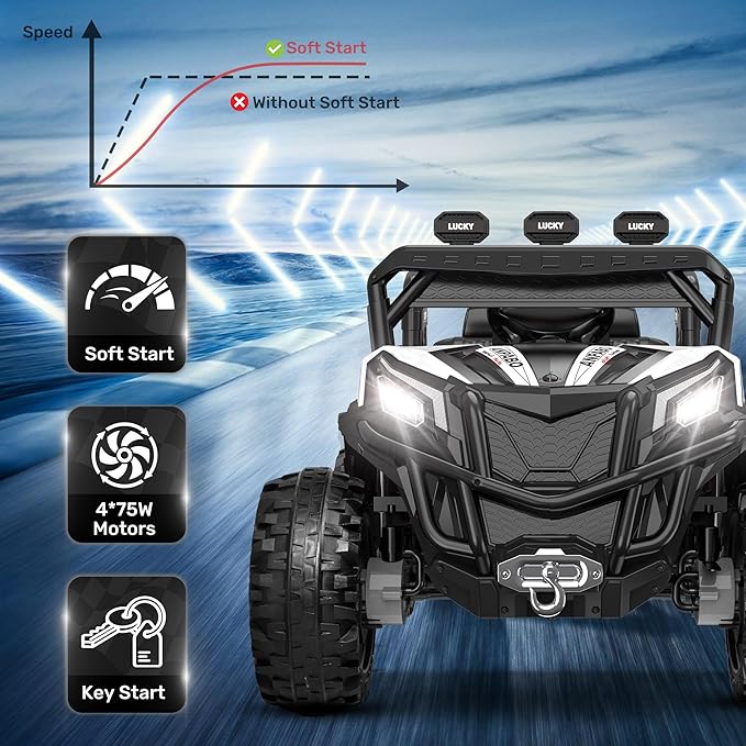 ANPABO 24V 4X4 Ride on Car Truck w/Remote Control, 4WD/2WD Switchable Kids UTV, 19" Spacious Seat, 4 Shock Absorbers, Soft Start, Music Player, Electric Car for Kids Ages 3+(White)