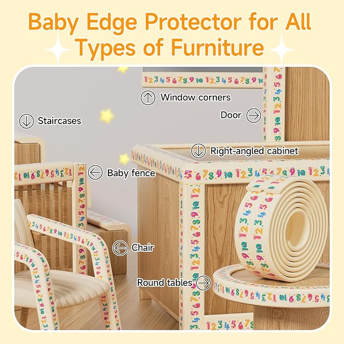 Edge Protector for Baby 6.5ft Soft Protective Foam Cushion Furniture Edge and Corner Guards Baby Child Proofing Cartoon Digital Pattern Odorless Safe for Table,Fireplace,Countertop