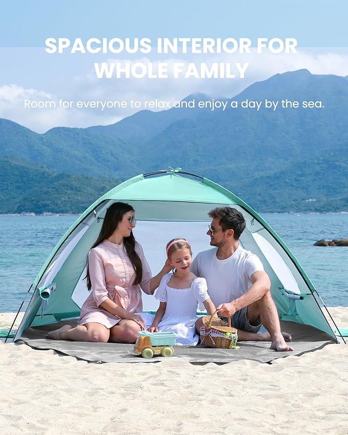 OutdoorMaster Beach Tent for 3/4 Person - Easy Setup Sun Shade Shelter, Portable Beach Shade Sun Canopy with UPF 50+ UV Protection, Removable Skylight Family Size