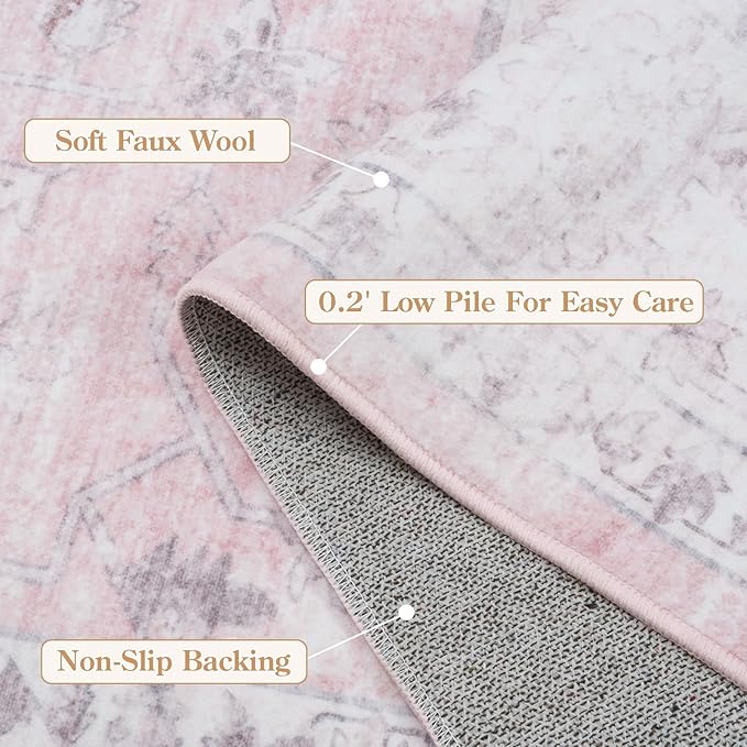 LIVEBOX Pink 8x10 Area Rug for Bedroom Girls, Boho Washable Rugs for Living Room Nursery, Non-Slip Indoor Soft Carpet Low-Pile Farmhouse Carpets for Dining Room Kids Playroom, Pink