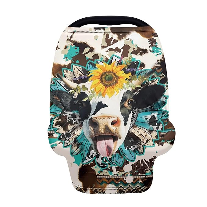 Binienty Brown Cow Sunflower Stretchy Car Seat Covers for Baby Boys Girls Infants,Breathable Babies Stroller Cover Canopies,Baby Shower Gifts