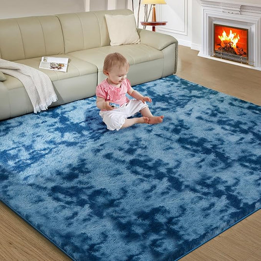 Ultra Soft Rug for Living Room, 8X10 Fluffy Shag Area Rug for Bedroom, Modern Shaggy Carpets Fuzzy Rug for Teens Dorm Nursery Home Decor Aesthetic, Upgrade Anti-Skid Durable, Tie-Dyed Blue Grey