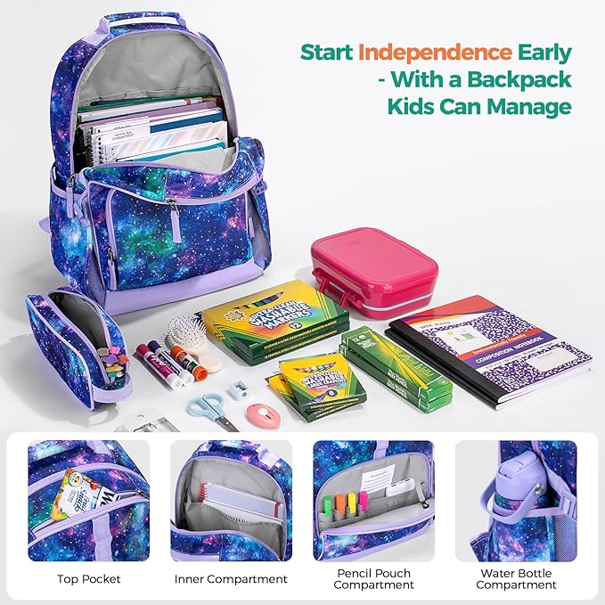 Choco Mocha Backpack for Girls, Elementary School Backpack for Girls Ages 6-8 Kids Kindergarten Backpack Bookbag 17 Inch with Chest Strap, Purple