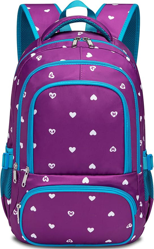 BLUEFAIRY Kids Backpack for Girls Primary Elementary School Bag Bookbag for Childs Book Bag Mochilas Escolares para Niñas de 4-6 Back to School Cute Gifts 17" Heart Print/Purple