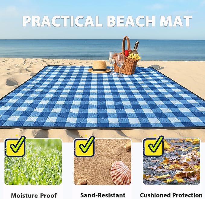 TigeJoy Extra Large Picnic Blanket Waterproof Foldable 60''x80'', Outdoor Picnic Mat Beach Blanket Sandproof for Park, Grass, Travel, Hiking, Camping Essentials, Gingham Picnic Blanket