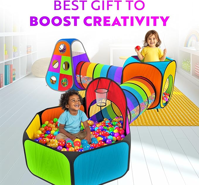Playz 5pc Kids' Play Tents & Tunnels - Ball Pit for Toddlers, Basketball Hoop, Crawling Tubes, Pop-Up Playhouses, Baby Obstacle Course for Indoor or Outdoor Use