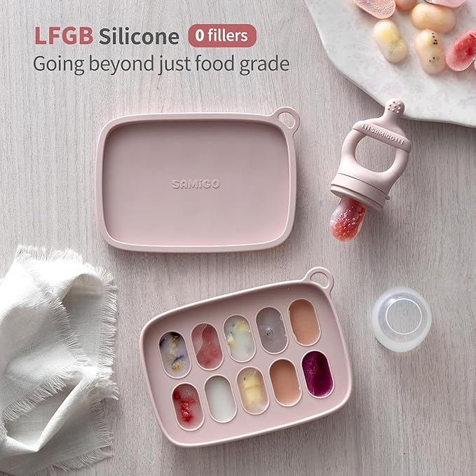 SAMiGO Baby Food Fruit Feeder and Breastmilk Popsicle Mold Set, Silicone Fruit Teether, Food Feeder Pacifier for Teething Relief, Freezer Tray, Baby Feeding Essentials, 4 Months+