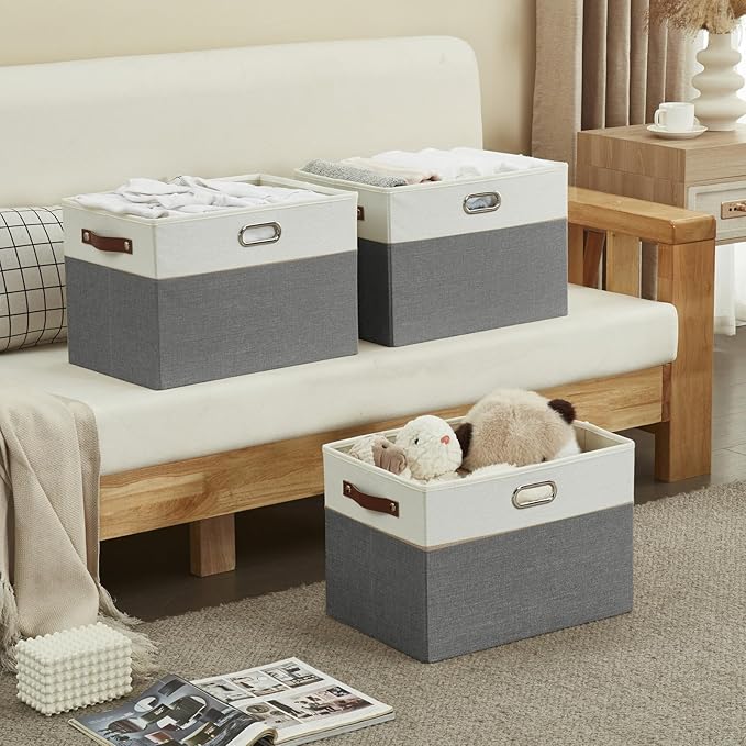 Large Collapsible Fabric Storage Bins with 3 Handles, Foldable Organizer Baskets for Closet, Shelves, Living Room | 3 Pack, Durable PU & Metal Handles (17"x11.8"x11.8", Gray & White)