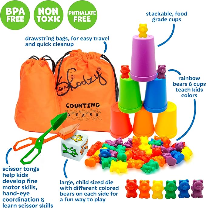 Skoolzy Rainbow Counting Bears, Rainbow Tongs & Sorting Cups - 74 Pcs Color Sorting Toys - Teddy Bear Math Manipulatives for Toddlers 36+ Months for Preschool Kindergarten