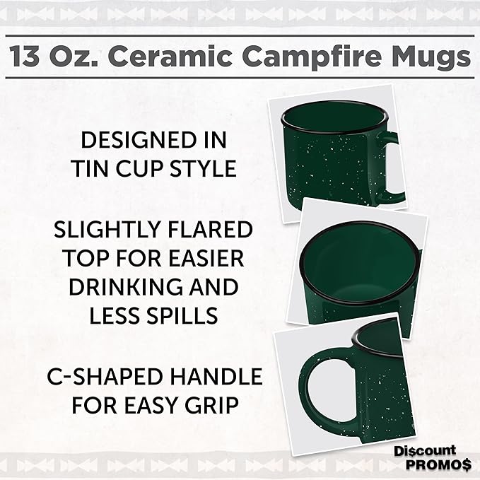 DISCOUNT PROMOS Ceramic Campfire Coffee Mugs 13 oz. Set of 10, Bulk Pack - Perfect for Tea, Espresso, Cappuccino, Hot Cocoa - Green