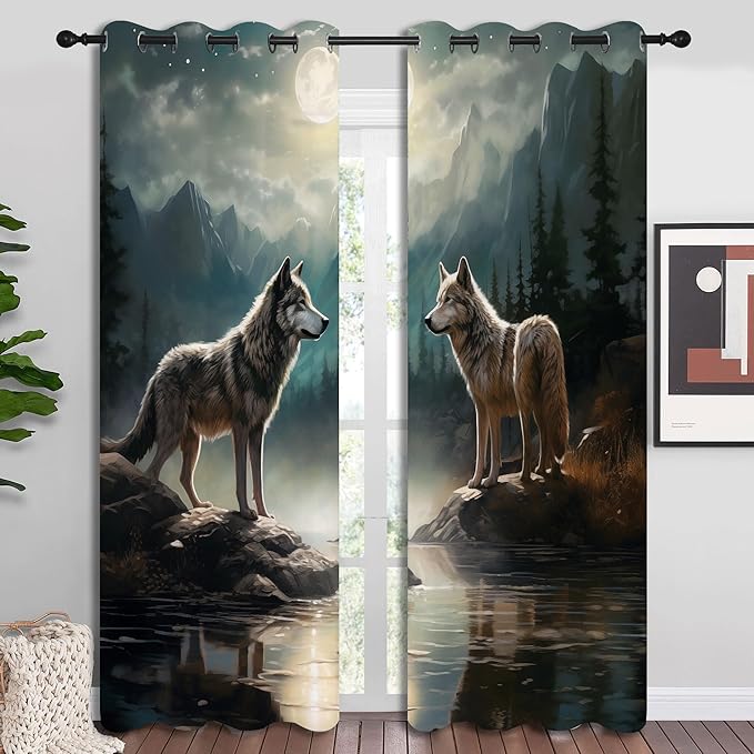 Wolf Blackout Curtains for Boys Girl Bedroom Decor,Moon Mountain Pine Forest Wild Animals Thermal Insulated Grommet Drapes Darkening Window Curtain for Living Room Home 84x84 inch