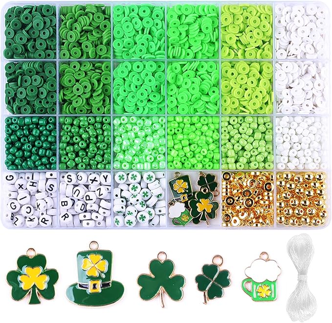 St.Patrick's Day Polymer Clay Beads Bracelet Making kit, 3480pcs 24 Style Cute Fun Beads Charms for Jewelry Necklace Earring Making DIY Accessories for Women Girls