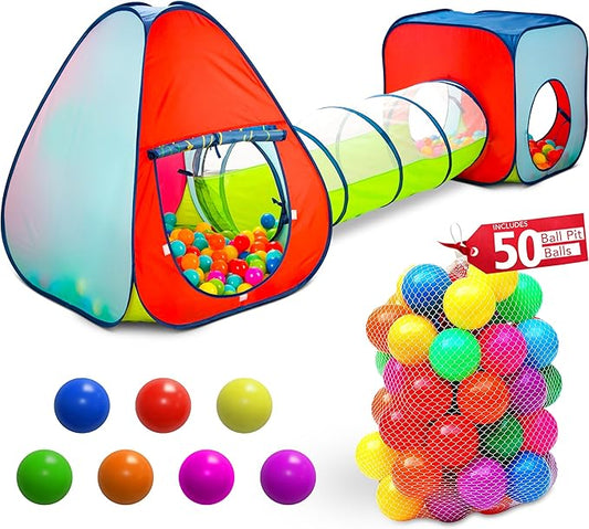 Kids Play Tent with 50 Balls – 3-Piece Tunnel & Ball Pit Combo – Indoor/Outdoor Pop-Up Set with Mesh Panels & Carry Bag