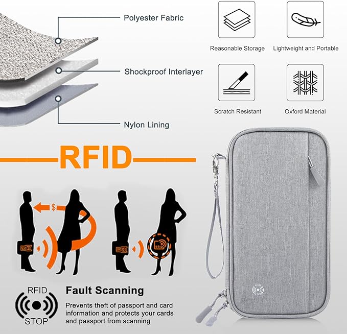 Passport Holder Family RFID Blocking Passport Wallet, RFID Travel Document Organizer for Women Waterproof Passport Wallet, Men Portable Case for Cards Credit Cards with Lanyard (Grey-Medium)