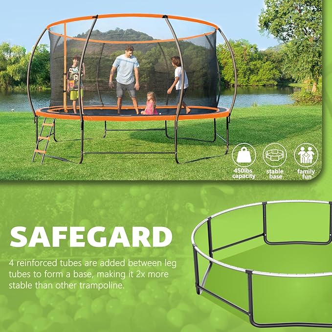 14FT 12FT 10FT 16FT Trampoline with Safety Enclosure, Anti-Rust Coating – ASTM Certified, Heavy-Duty Outdoor Trampoline with Ladder – for Kids & Adults
