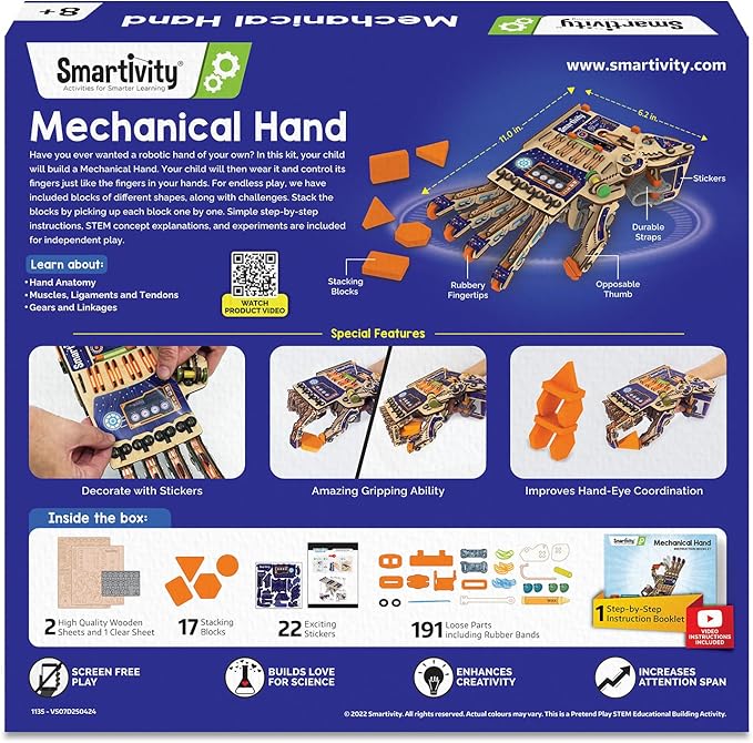 Smartivity DIY Robotic Mechanical Hand STEM Toy for Kids 8-9-10-11-12-13-14 Years Old | 2024 Parents Choice Award Winner I Birthday Gift for Boys & Girls | Engineering Kit for 8-14 Years Old
