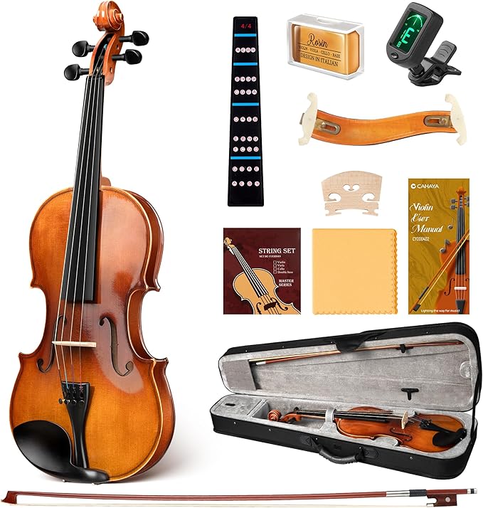 CAHAYA Violin 4/4 Full Size - Full Wooden Violin Set for Beginners Kids Adults Students Violin Kit with Hard Travel Case, Shoulder Rest, Extra Strings, Tuner